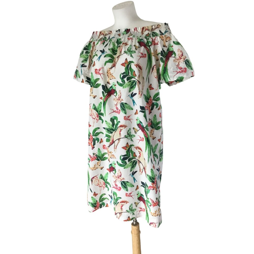 Ann Taylor Dress sz Small Tropical Birds Novelty Print Parrots Off the Shoulder